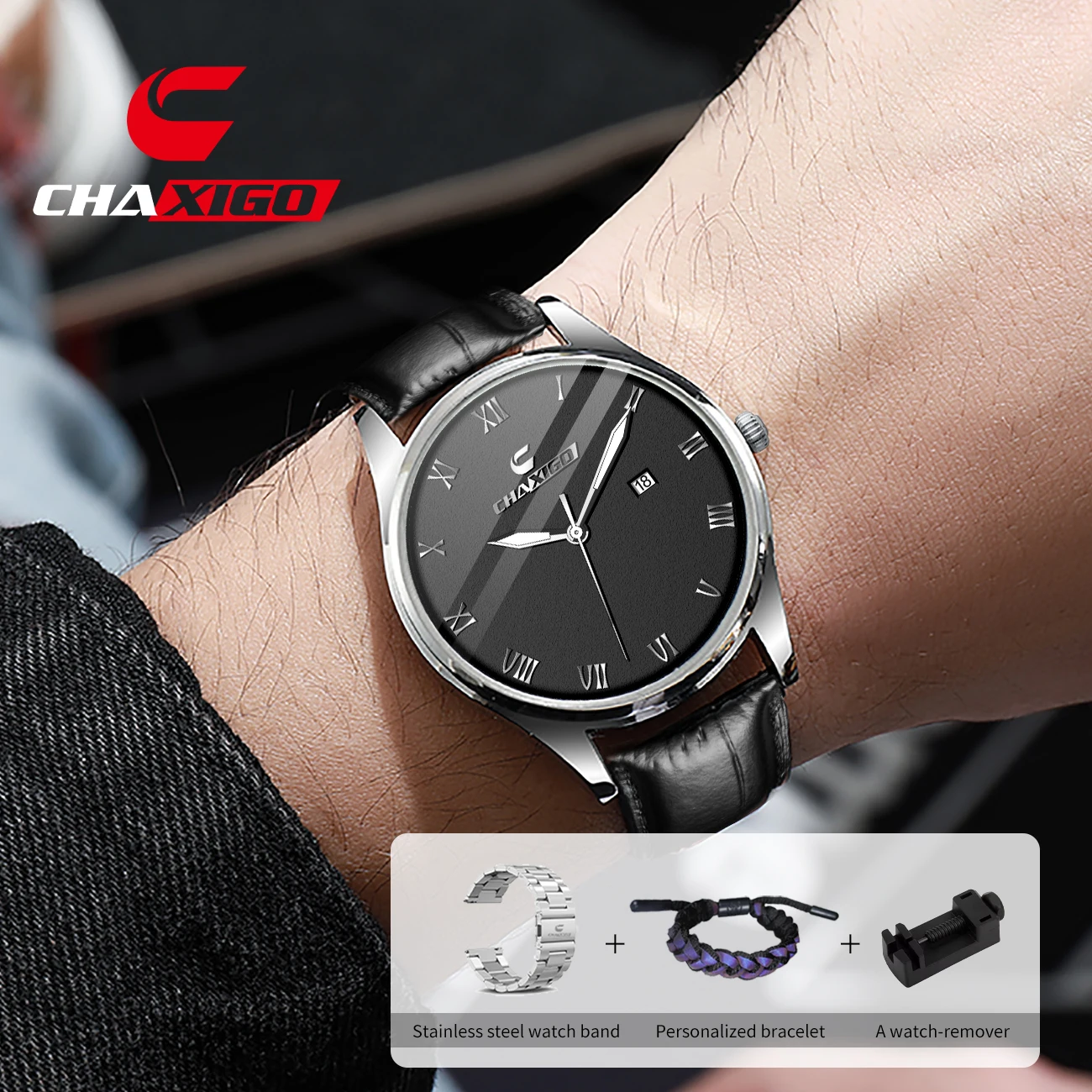 

CHAXIGO Men's Luxury Leather Strap Stainless Steel Watch, 30m Water Resistant, Luminous Business Quartz Watch