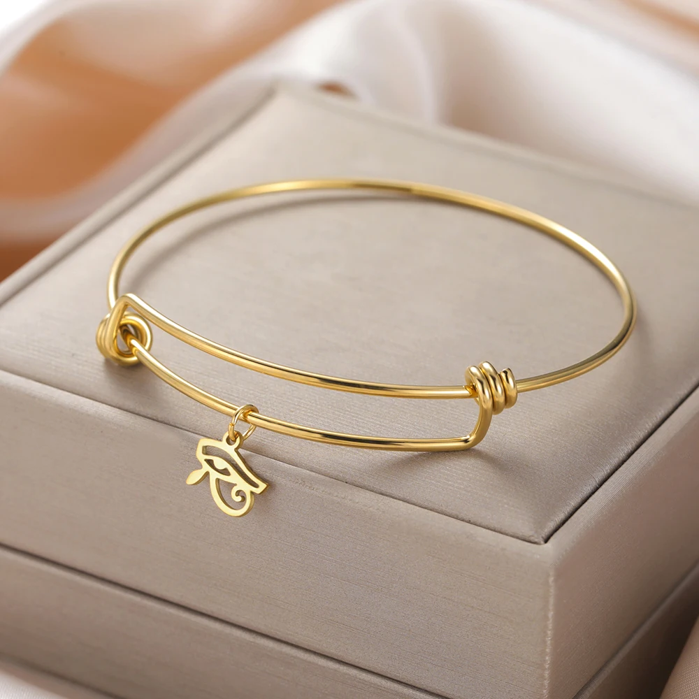 Dawapara Ankh Cross Eye of Horus Bangle Adjustable Ancient Egyptian Charm Protection Amulet Stainless Steel Jewelry - view 3