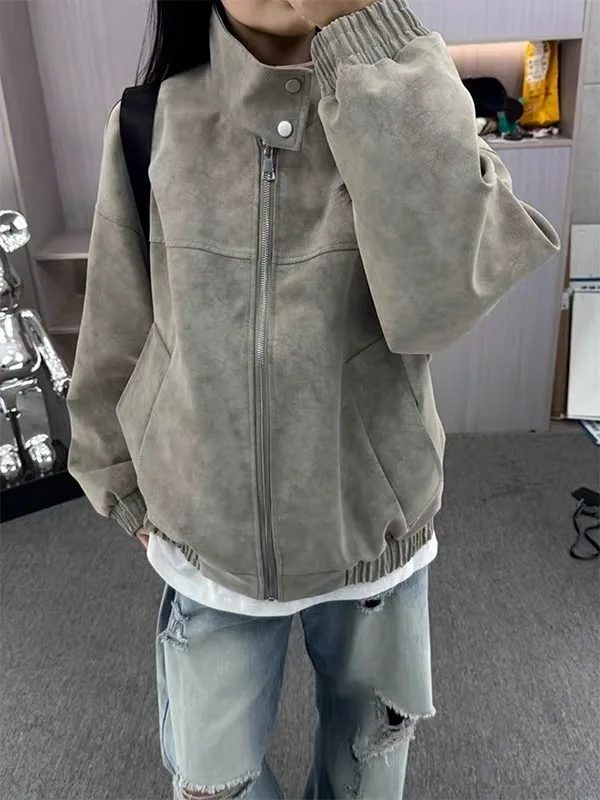 

American Sle Loose Men's Leather Jaet Dyed Outfit Couples PU Leather Coat Youth Faion Windproof Zipper ort Sve Jaet