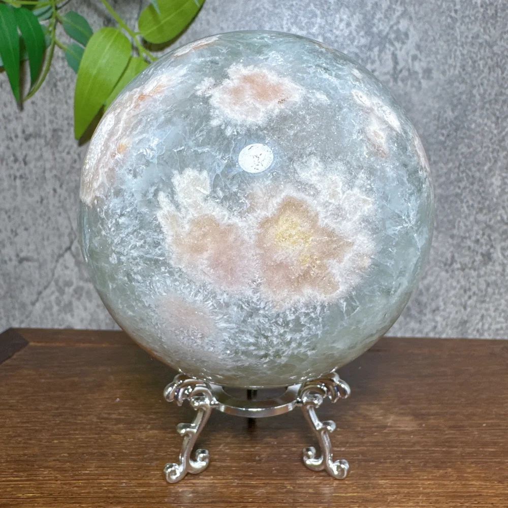 Unique Natural Green Flower Agate Sphere Healing Crystal with Hole Geode Druzy Quartz Reiki Energy Home Decor Craft Gift Stand