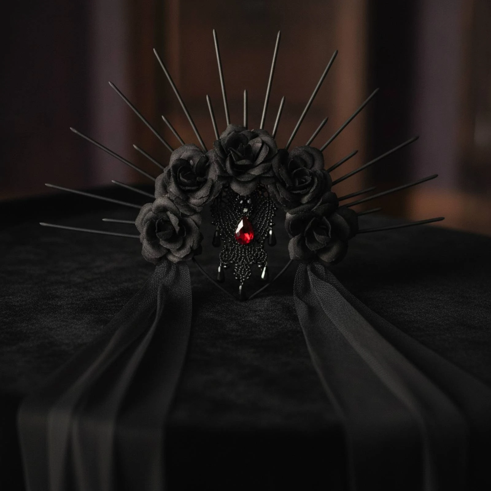 Gothic Flower Crown with Black Veil Mysterious Gothic Headpiece Thorned Crown Headband Elegant for Cosplayers, Cosplay Events