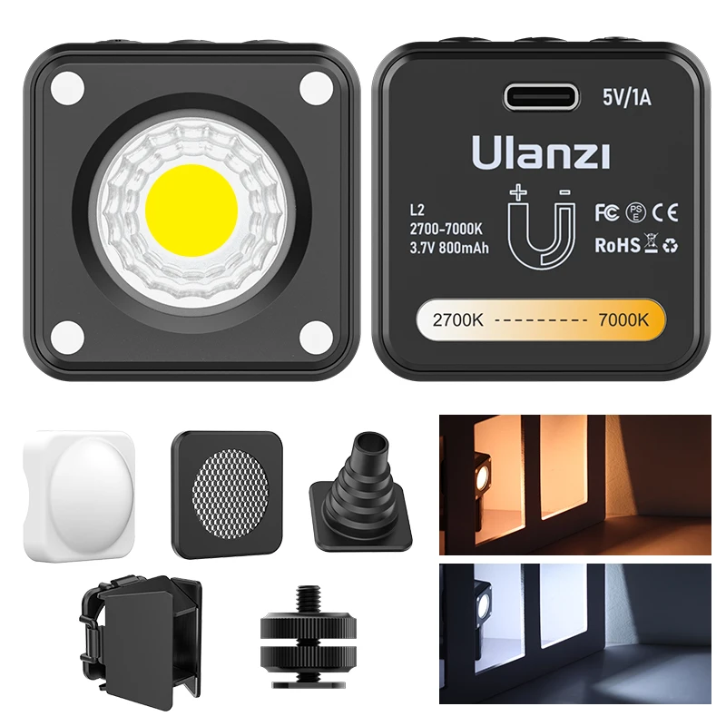 Ulanzi L2 Tweekleurige Cob Mini Video Licht Magnetische Led Camera Cri95 + Vlog Vullamp Traploos Dimbaar Met Display Voor Gopro