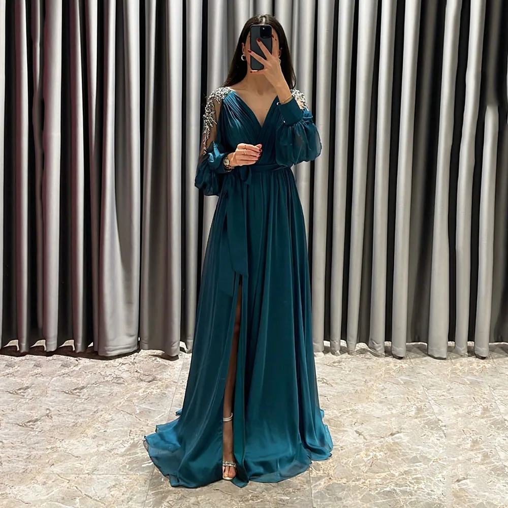 

Elegant Long Sleeves Prom Dresses A Line Wedding Party 2024 V Neck Formal Prom Party Gowns Side Split Women's Evening Dress