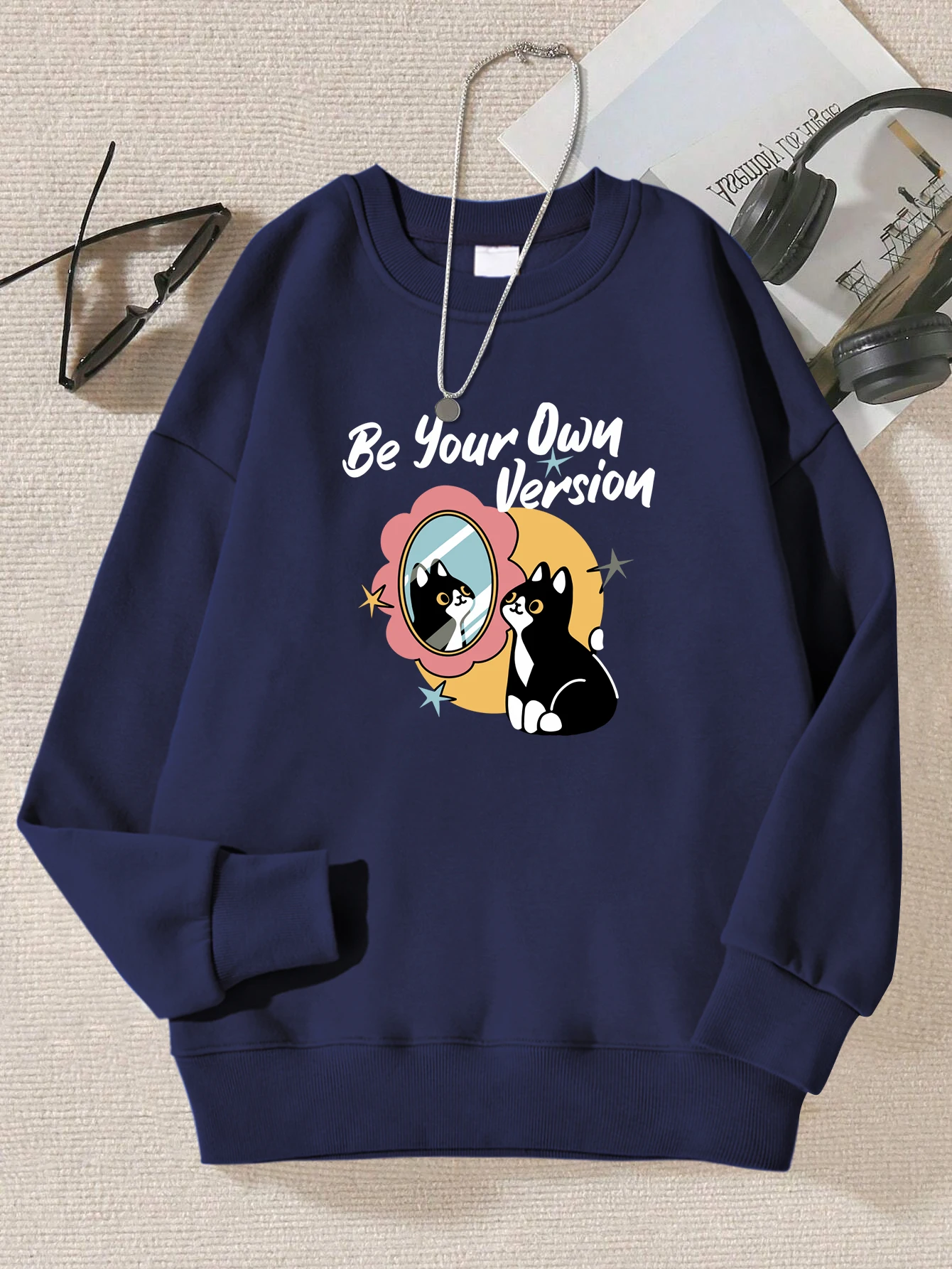 

Be Your Own Version Black Cats Design Pullovers Women Street Fleece Sweatshirt Hipster Autumn Clothing Hip Hop Loose Womans Tops