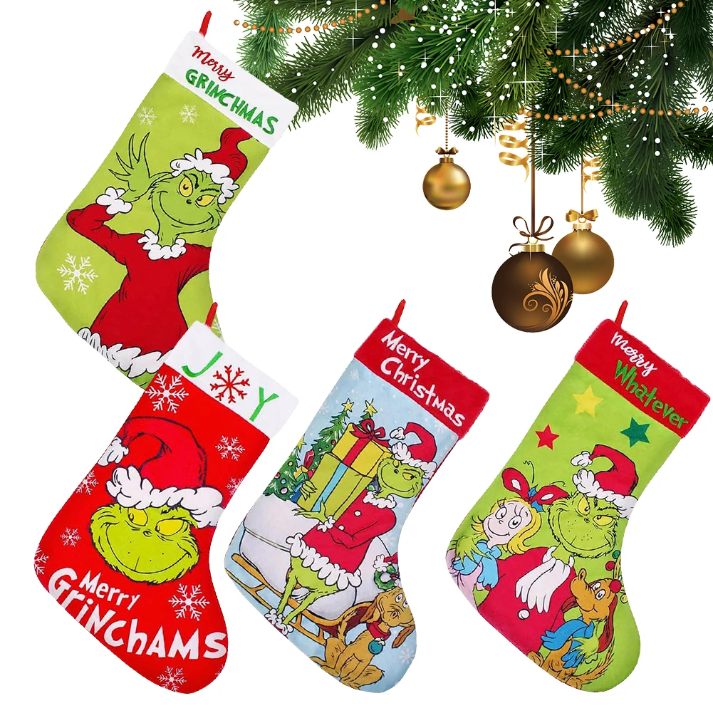 New Christmas Tree Decor Funny Green Grinch Christmas Socks Green Hair Monster Decor Children's Christmas Gifts Socks Candy Bags