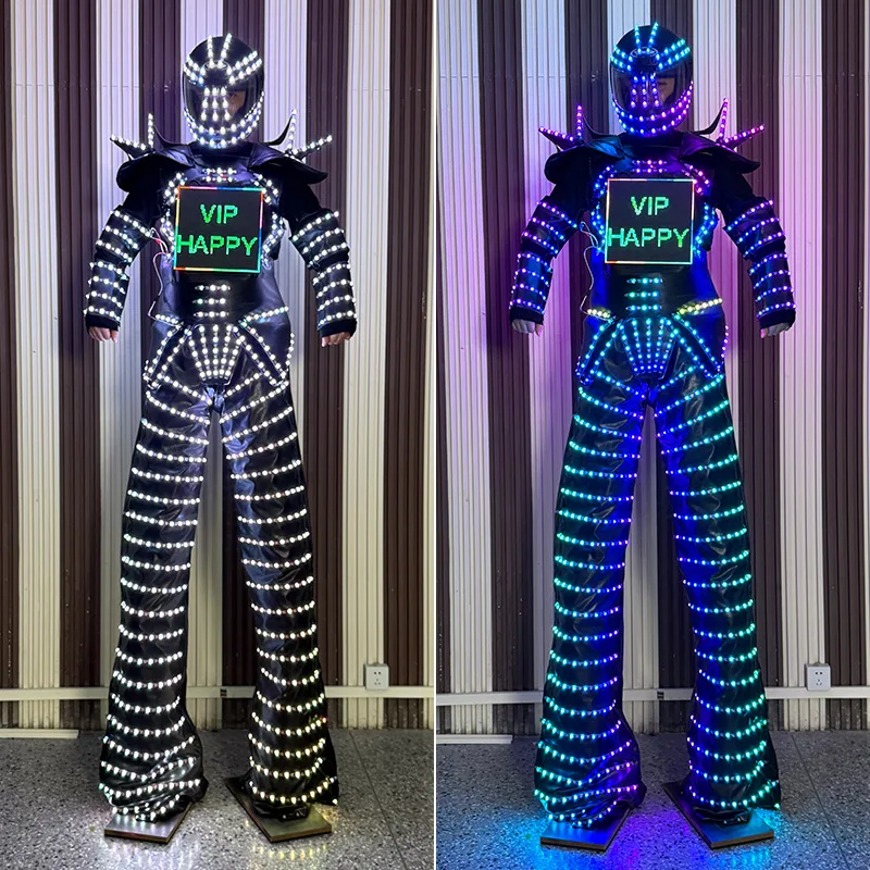 LED Stilt Walker Costume Helmet Men Light up Robot Suit Screen Edit Nightclub Party Stage Performance Festival Rave Outfit