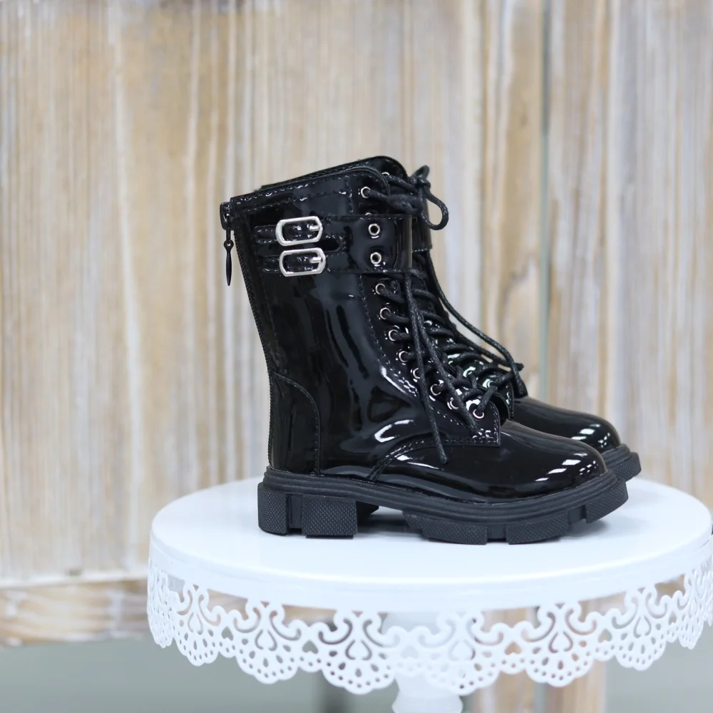 

BJD Doll Shoes Round Toe Thick-soled Toys Leather Double Buckle ID75 Daily Handsome Glossy Black High Boots Doll Accessories