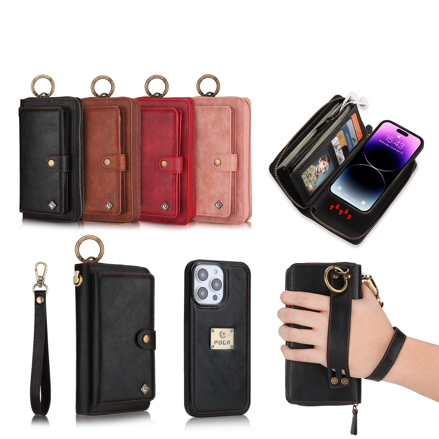 

Multifunction Wallet Case For iPhone 15 14 Pro Max 13 12 Mini 11 Xr 8 7 6 Plus Zipper Business Leather Magnetic Split Cover