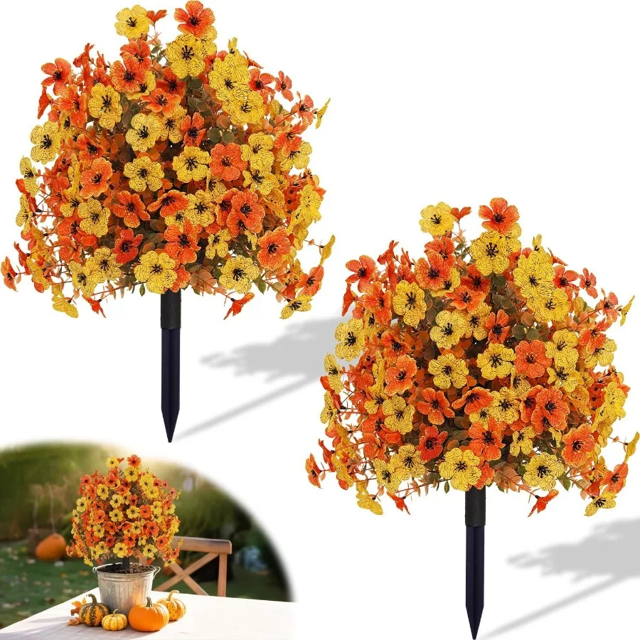 

Outdoor Fall Artificial Flowers 2 Pack Topiary Flower Balls with Ground Stakes UV Resistant Orange and Yellow Fake Flower Bushe