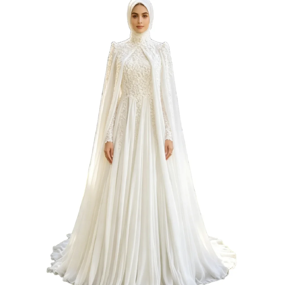 Elegant Moroccan Kaftan Muslim Wedding Dress With Cape High Neck Long Sleeve Lace Dubai Bridal Gown 2026 Islamic Abaya De mariée
