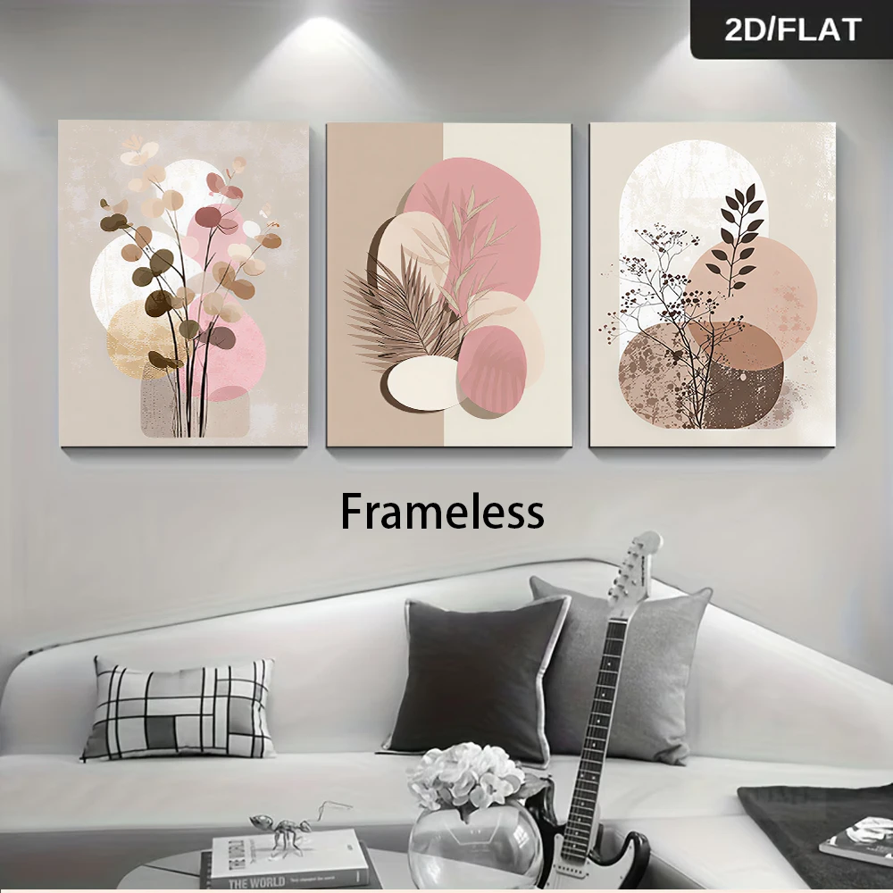 A set of minimalist three-panel frameless decorative paintings, Morandi color scheme, abstract botanical paintings, 2D flat.