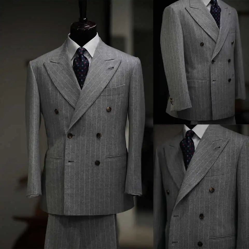 

Модные мужские костюмы в полоску, 2 предмета, двубортные смокинги для жениха, приталенные, для официальных мероприятий и бизнеса, на заказ, большие размеры