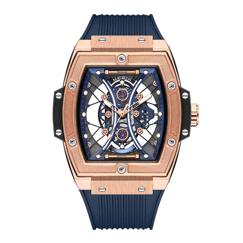 MEGIR Fashion Analog Quartz Watch Men Tonneau Dial Waterproof Military Sport Wristwatch with Luminous Hands Orange Silicone Band