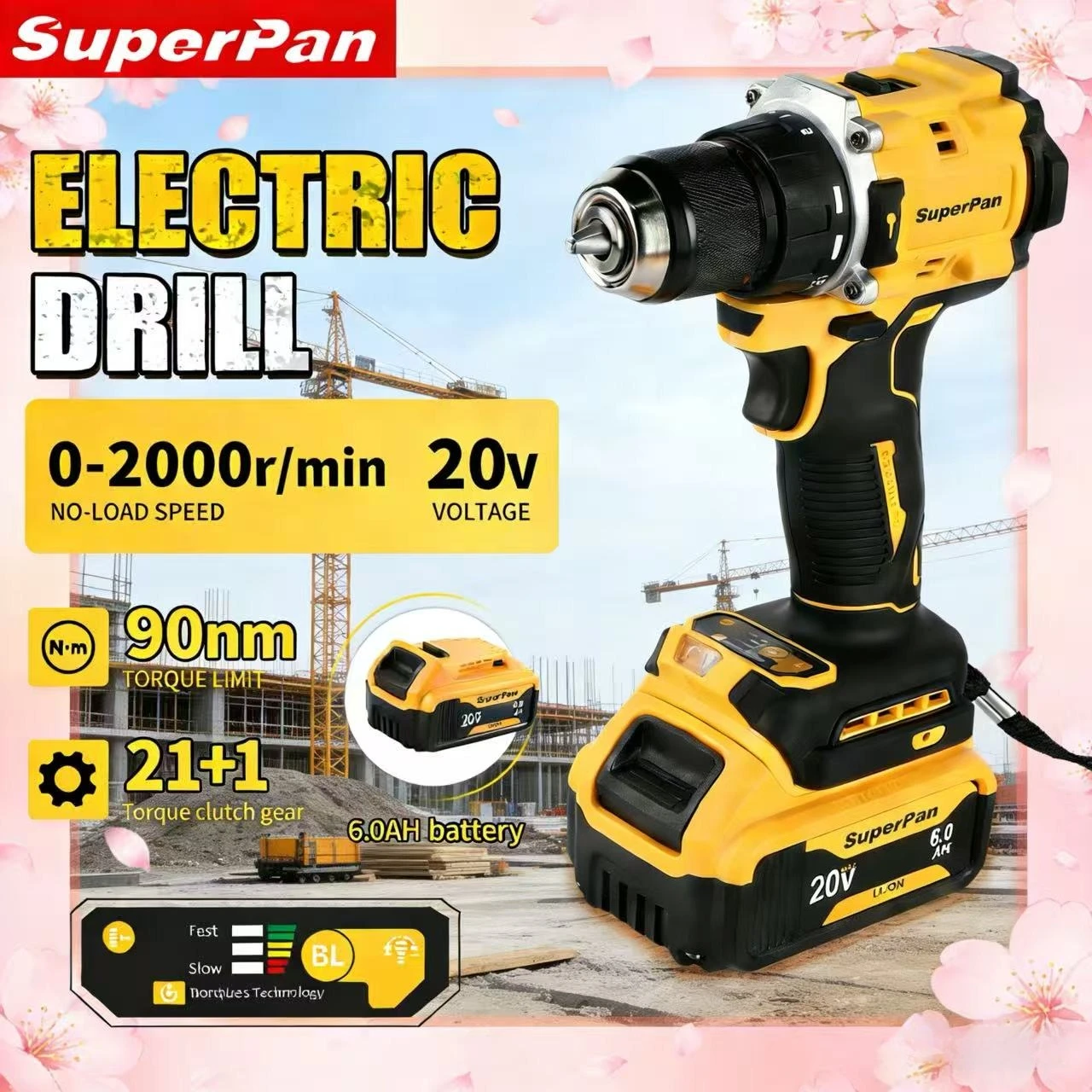 

Бесщеточная дрель SuperPan SP805, 6.0 Ач, литиевая, с самозажимным патроном 3/8 дюйма, бесступенчатая регулировка скорости, прочная, совместима с аккумулятором DeWalt 20В.