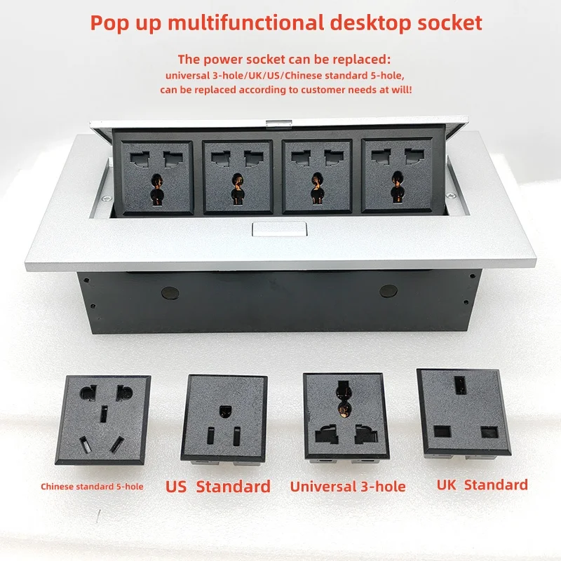 Pop Up Multifunctional Desktop Socket K208 AC110-220V 10A/16A Universal Replaceable Alloy Panel Black Silver For Office