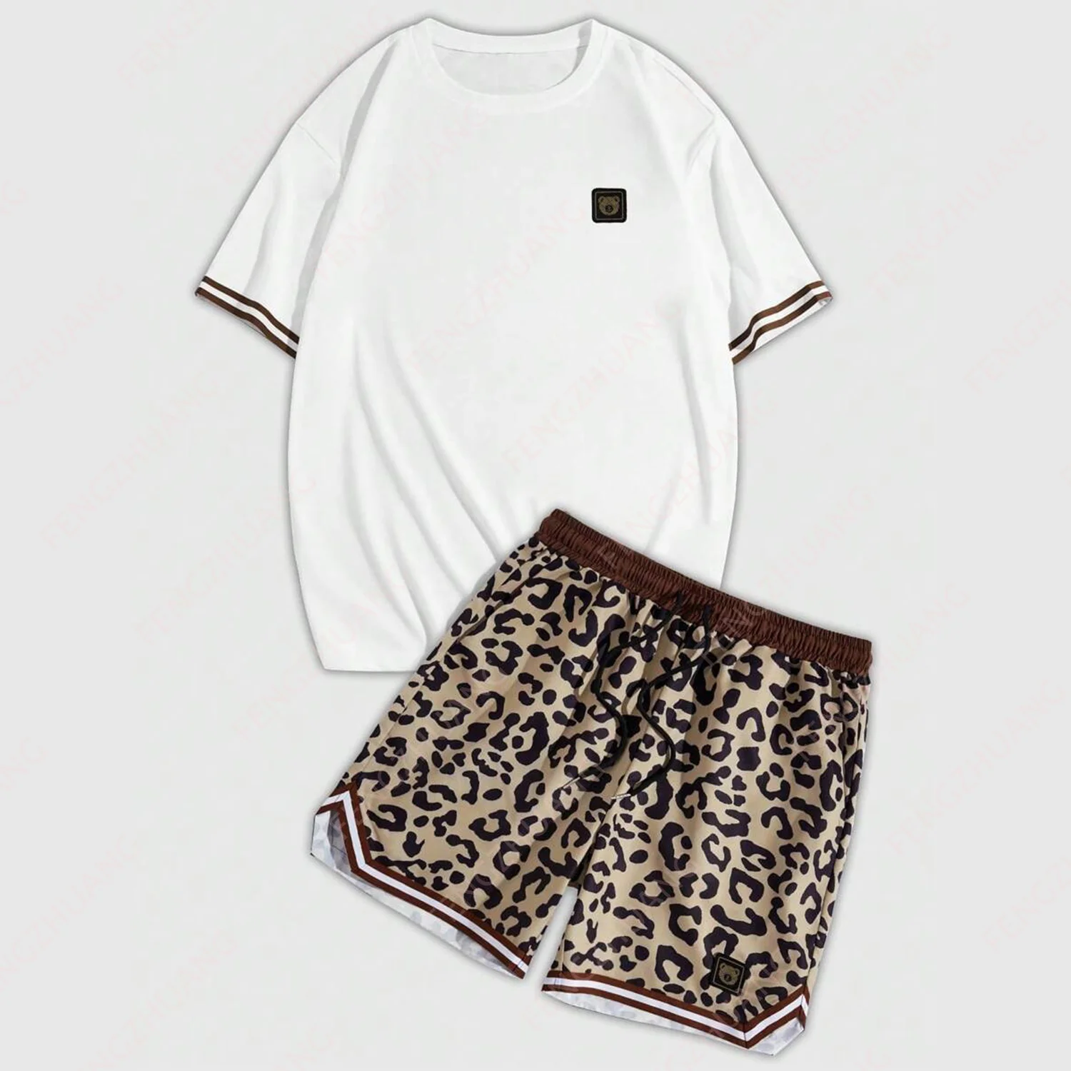 

New Style Striped Printed Round Neck Short Sleeve Casual T-Shirt And Leopard Print Drawstring Waist Shorts Daily Wear Set