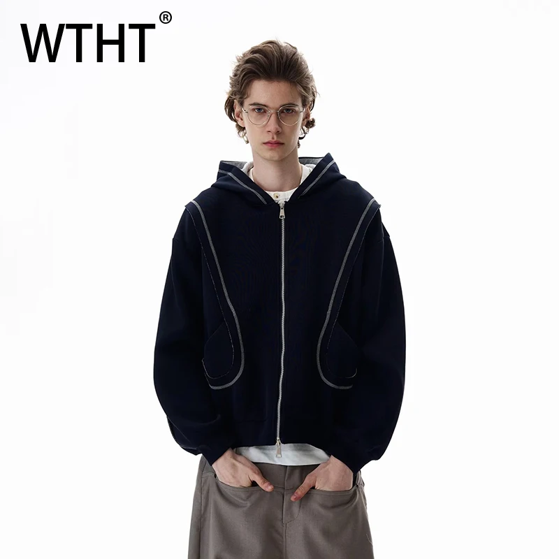 

WTHT Vintage Men's Pleated Patchwork Casual Coats Fashion American Style Long Sleeves Hooded Jackets Male 2025 Autumn 2A1764