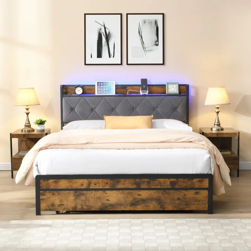 Grey Bed Frame With Storage 2 Drawers LED Lights Upholstered Headboard USB Charging Station No Box Spring Easy Assembly