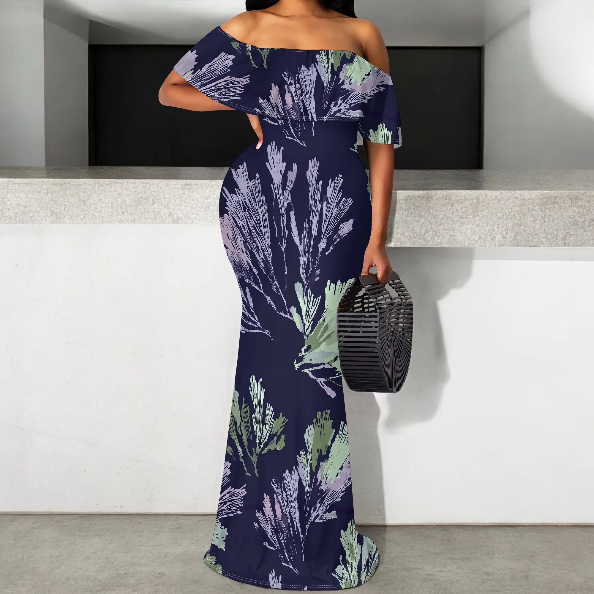 

Women's Off Shoulder Floral Bodycon Dress 2025 New Mermaid Maxi Dress Elegant Evening Wedding Party Gown S-3XL