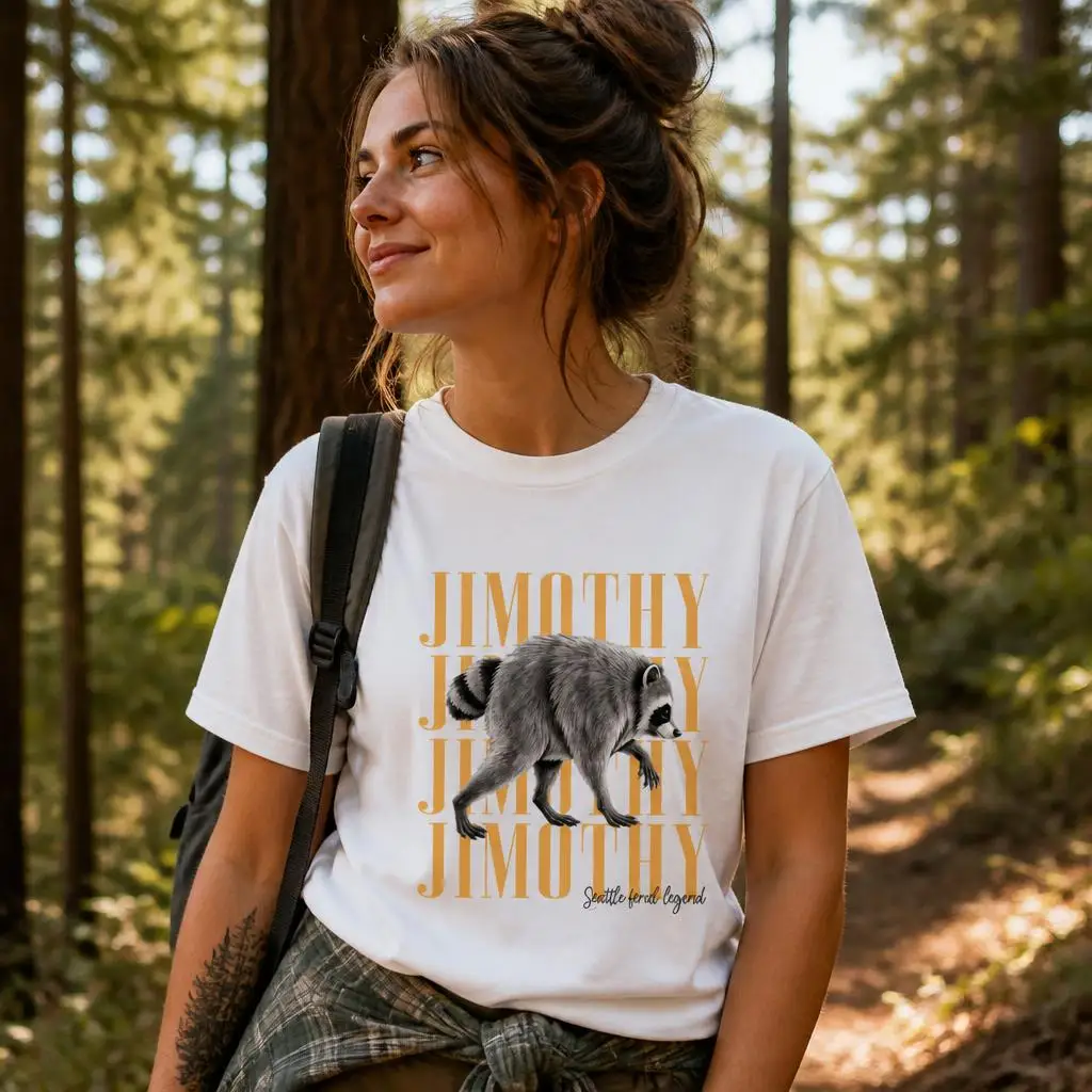 Jimothy Raccoon Seattle Feral Legend T-Shirts for Men Pure Cotton Tees Round Collar Short Sleeve T Shirts