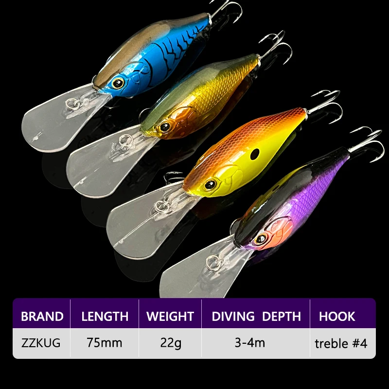 ZZKUG 75mm 22g Fishing Lure Baits Wobbler Long Big Tongue Rock Crank Bait Crankbait Minnow Bass Treble Hooks Swim Hard Lures