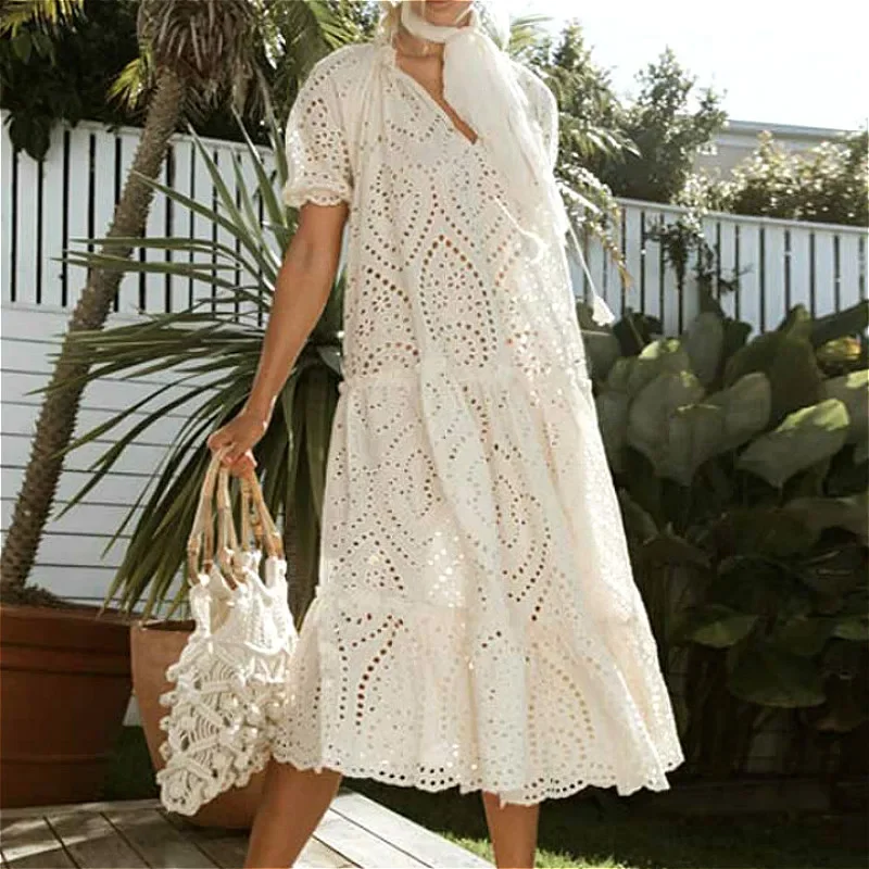 TEELYNN biała bawełniana długa koronka sukienki suknia tunika vintage, w kwiaty emboidery v neck luźna sukienka boho lato w stylu casual, damska vestidos