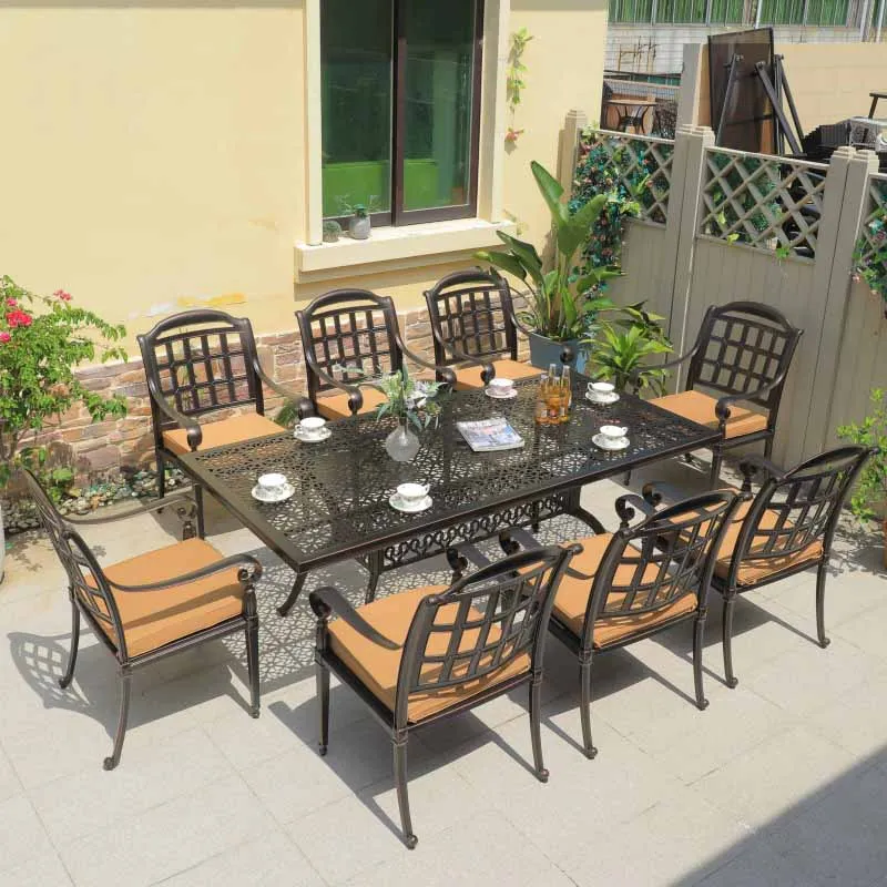 Outdoor Court Cast Aluminum Metal Chair Round Table Garden Dining Table Chair Cast Aluminum Chair Long Table Combination