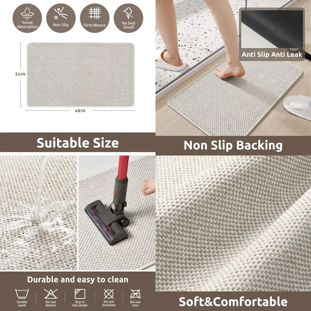 

Super Absorbent Chenille Bath Mat, Quick Dry, Low Pile, Washable, Rubber Backed, Fits Under Door, for Bathroom, Beige & White, 2