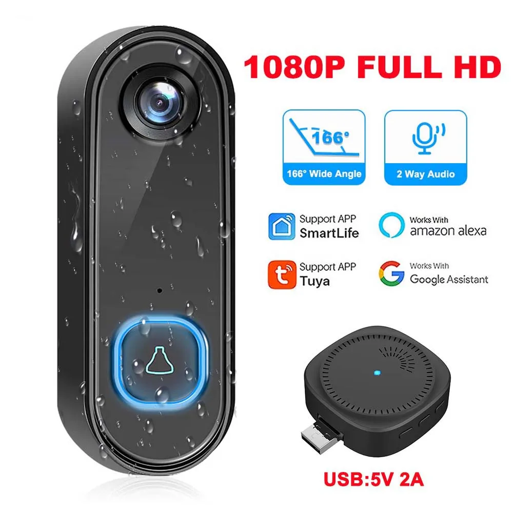 TUYA Video Doorbell WiFi Wireless 1080P Door Bell Camera IR Night Vision AC DC Power Security Smart Home Door Bell Alexa Google