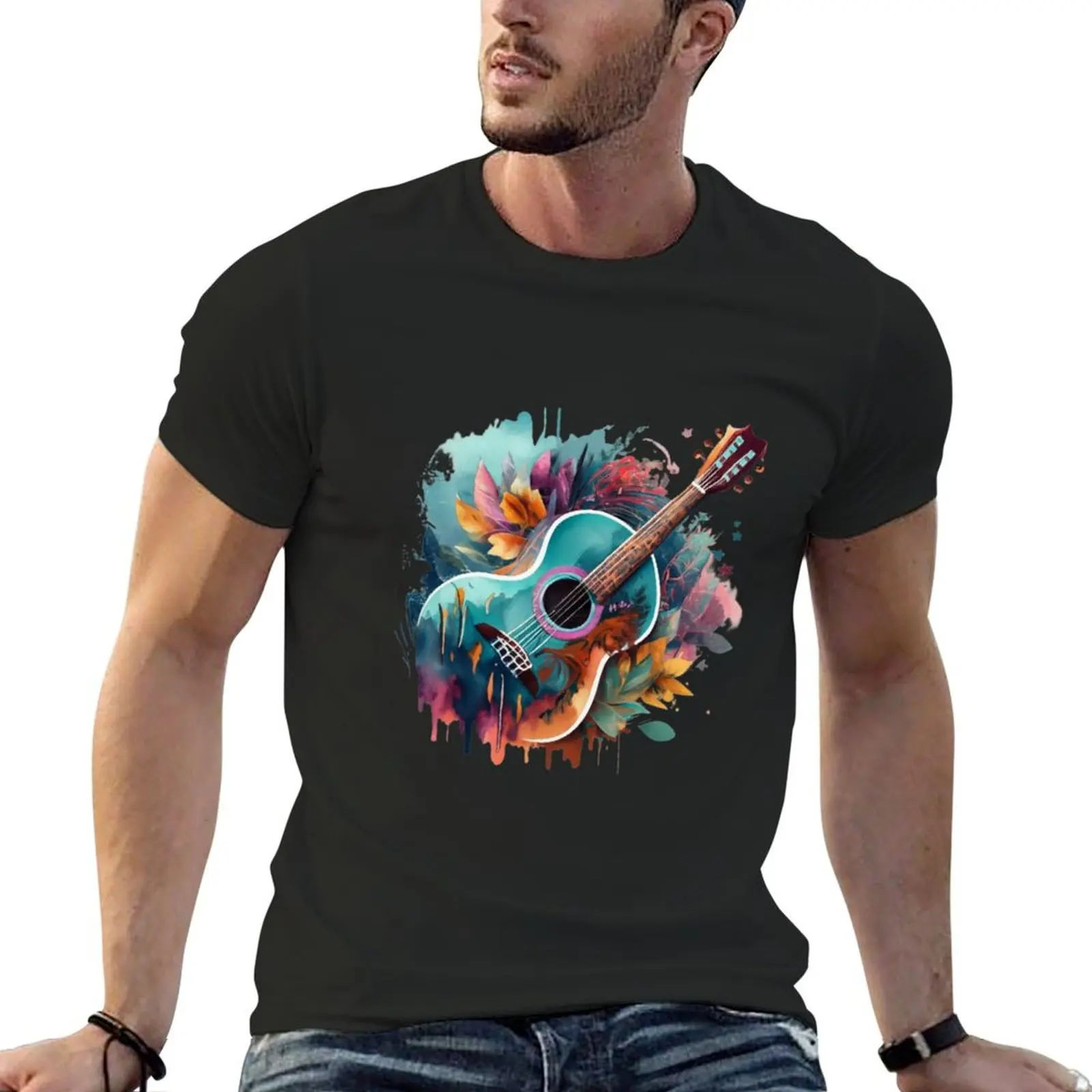 Gitar watercolor painting T-Shirt anime figures cotton graphic tees men t shirt