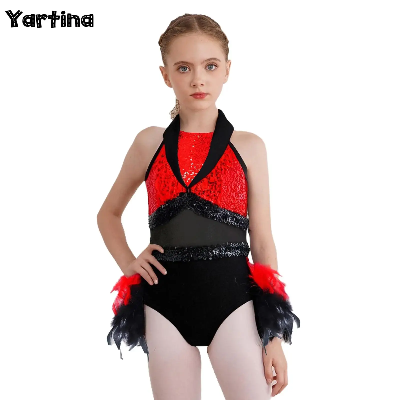 

Детское джазовое балетное трикотажное платье для девочек, танцевальное платье, сценический костюм, прозрачная сетка, блестящий купальник с перьями и блестками, боди, танцевальная одежда