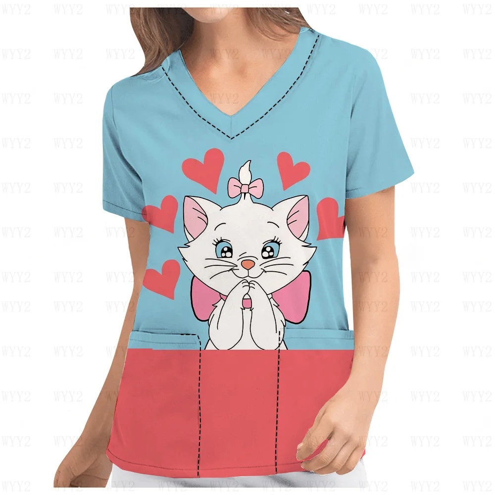 Mary Cat Cute Print Pediatric Dental Ladies Nurse Uniform V-Neck Print Scrub Top Ladies Flower Shop Cafe Work Uniform