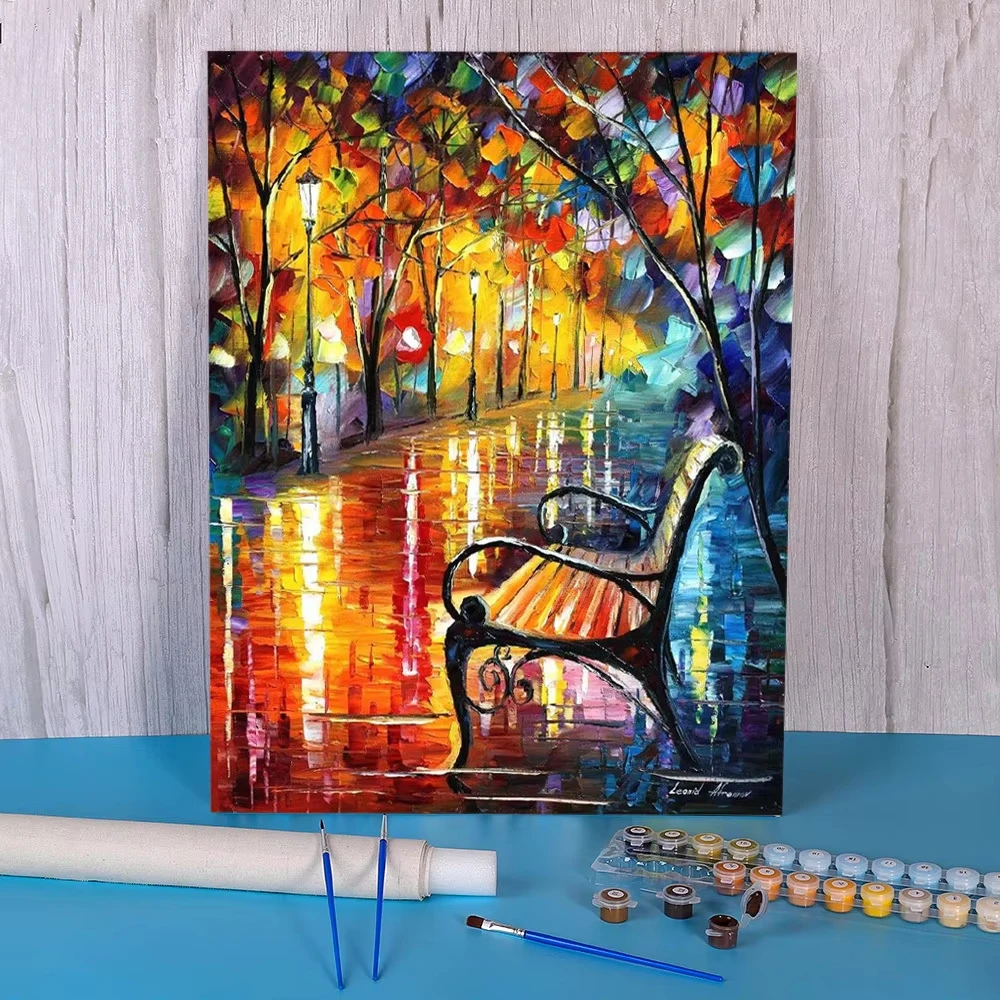 Autumn Street Oil Painting DIY Colorful Wet Road Digital Canvas Art Romantic Rainy Night Wall Decor for Game Room or Living Room