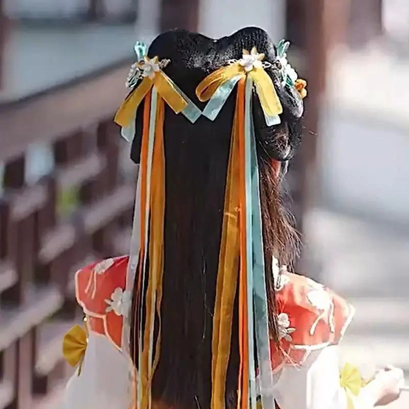 Dunhuang Style Ethereal Ribbon Streamer Hair Clips with Satin Bow Ancient Chinese Hanfu Hair Accessories for Girls Festival Gift