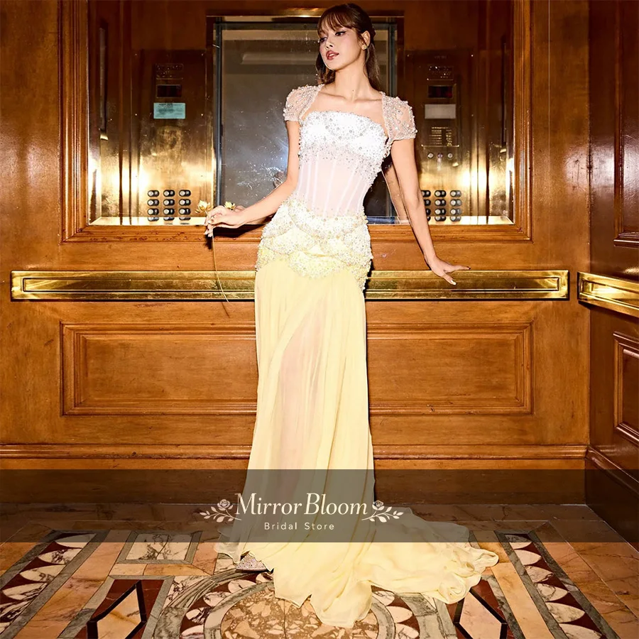Customized Elegant Yellow  Women Beaded Square Neck Formal Evening Prom Gown Chiffon  Wedding Guest Dresses Floor Length Train - view 2