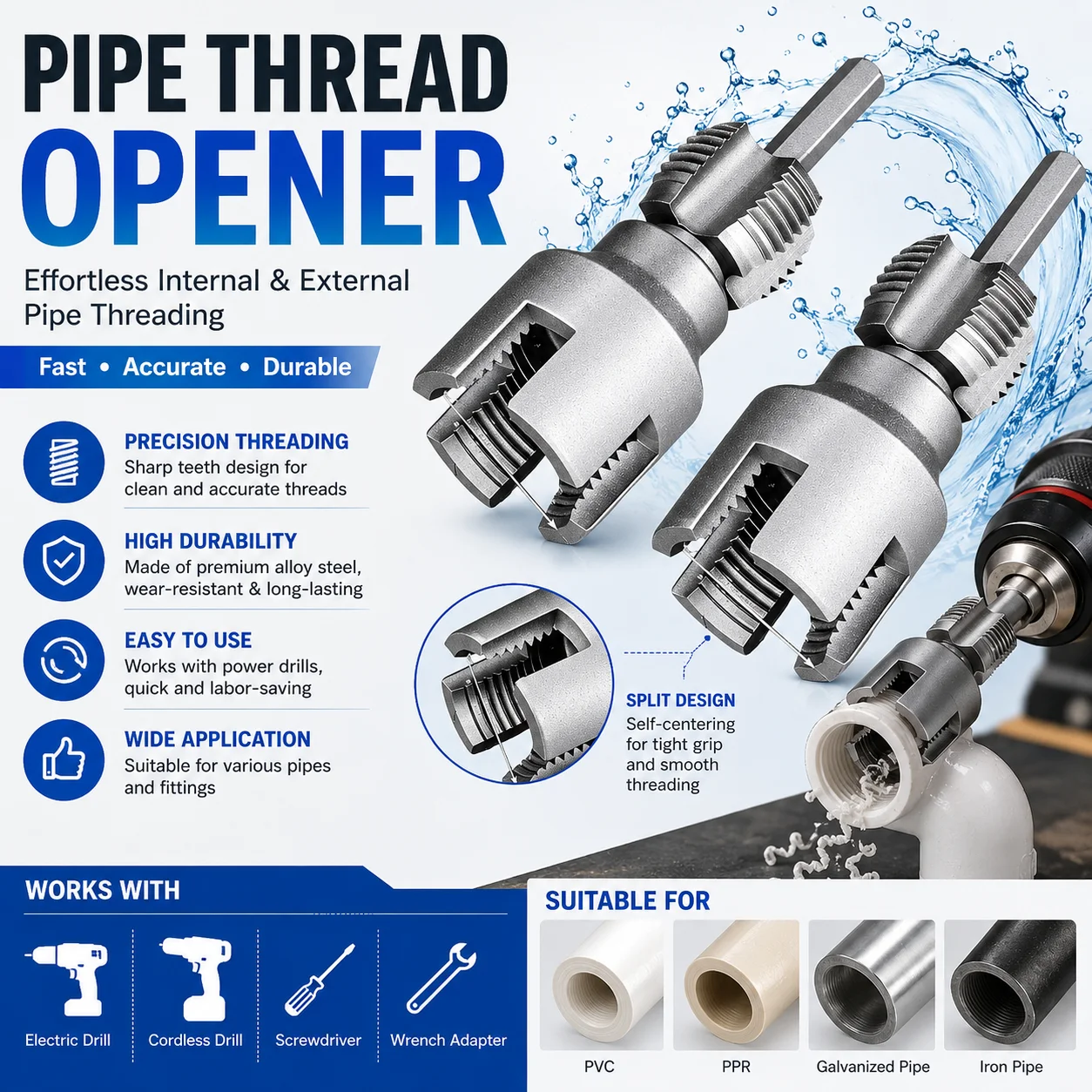PVC Pipe Threader Kit Integrated Internal External Pipe Thread Cutting Tool Electric Drill Compatible Easy Use for Home Plumbing