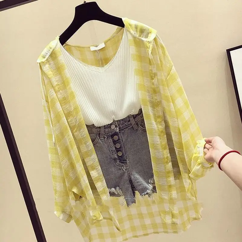 Plaid Hooded Shirt Women Tops Sunscreen Clothing Sport Jacket Korea Versatile Lattice Summer Design Loose Sunscreen Cardigan