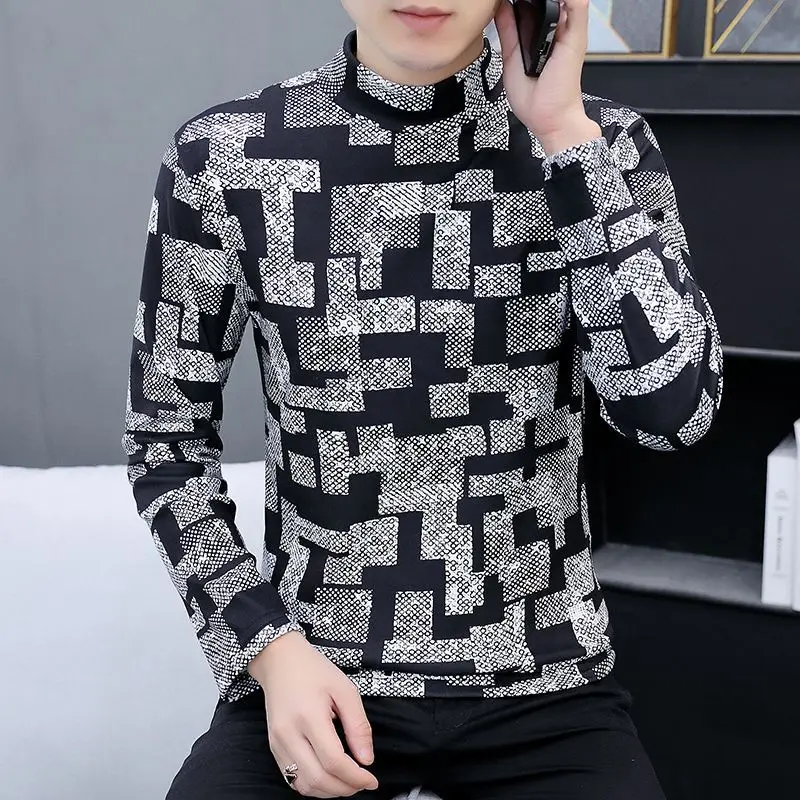 2023Autumn and Winter Men\'s Pullover Half High Neck Printed Slim Fit German Velvet Bottom Shirt Fashion Casual Long Sleeve Tops