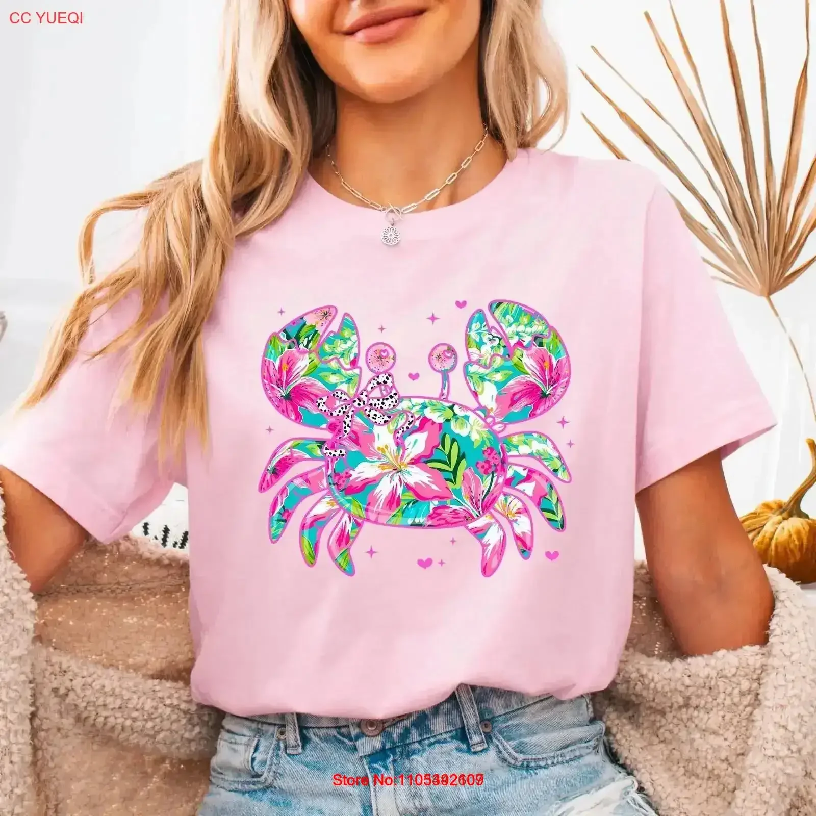 Pink Crab Floral T-Shirt Tropical Beach Summer Vibes Vintage Washed Atmungsaktiv Stylisch Dehnbar Modisch Vielseitig Streetwear