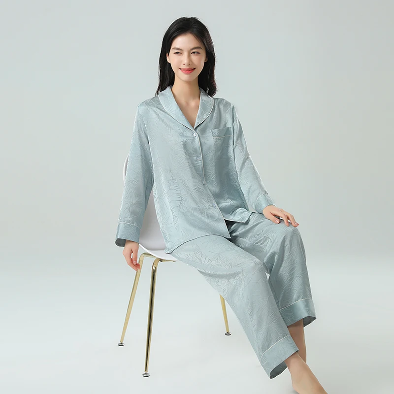 

Jacquard 19MM 100% Mulberry Silk Long-Sleeve Pajama Set Two-Piece Nightwear Comfortable Women's Homewear Cardigan Pajamas Suit