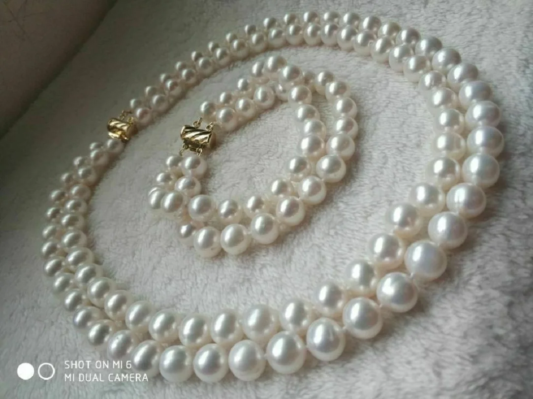 

2 Strands AAA 9-10MM Real South Sea White Pearl Necklace & Bracelet 14k Gold