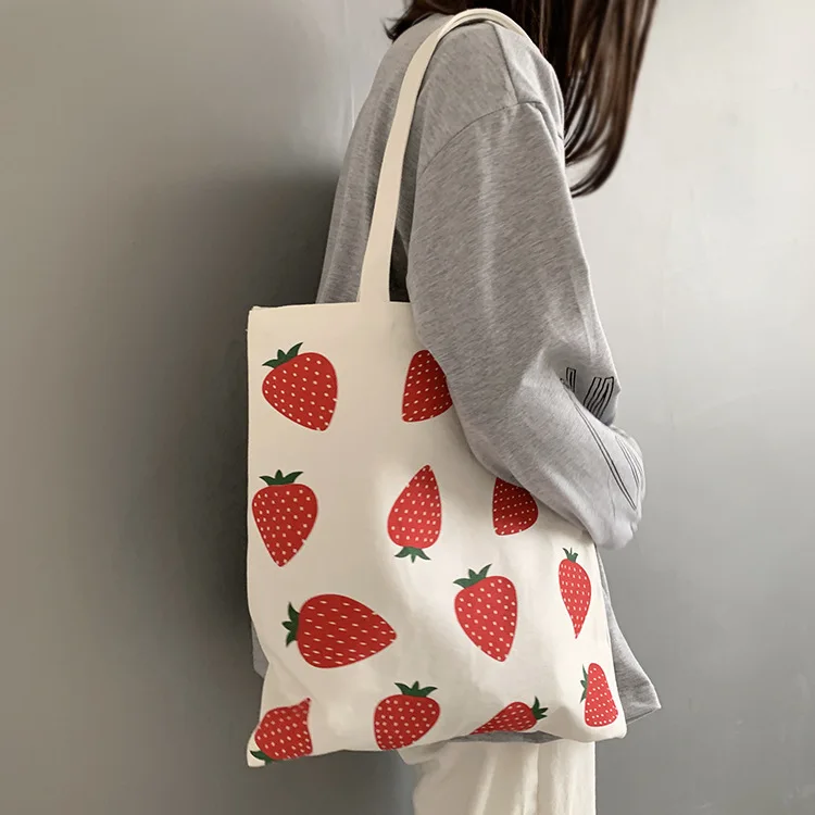 2024 New Strawberry Printed Canvas Bag Korean Version of College Student Shoulder Bag Large Capacity Canvas Bag