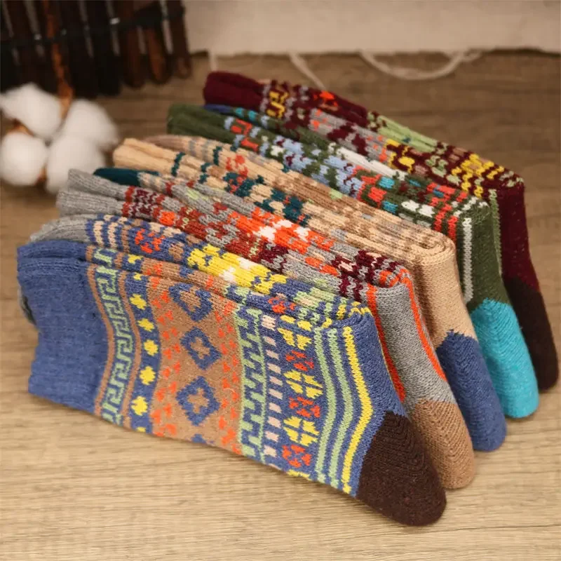 5 Pairs Winter Men's Socks Thicken Warm Sheep's Wool Socks Harajuku Retro Style Colorful Fashion Cotton Socks For Snow boots