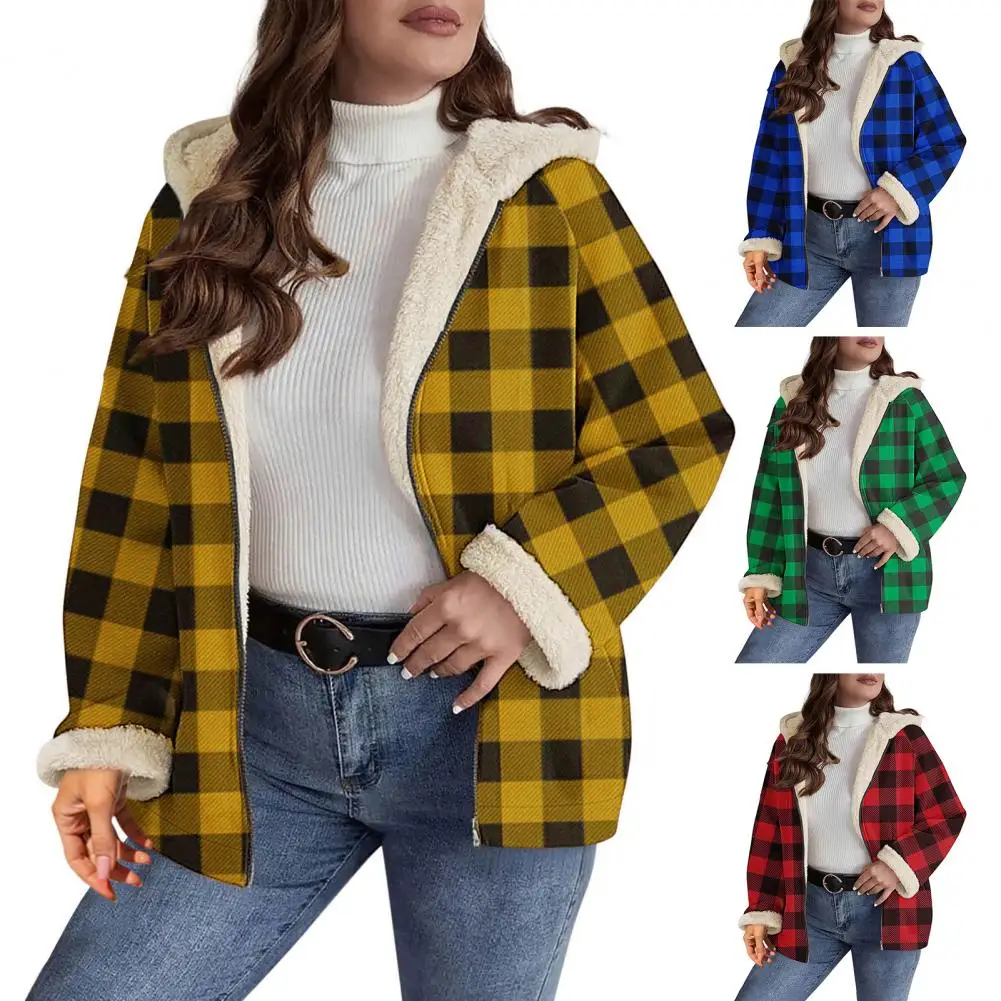

Women Polyester Coat Autumn Winter Jacket for Women Cozy Sherpa Plaid Shacket Oversized Fleece Lined Jacket with Hood for Women