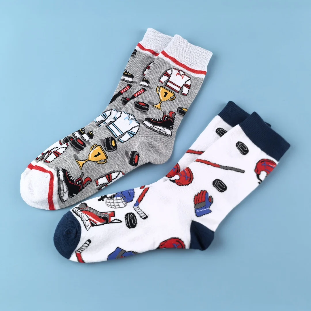 2  Pairs of Ice Hockey Themed Sports Mid-calf Socks, Ideal For Everyday Active Wear and Casual Styling