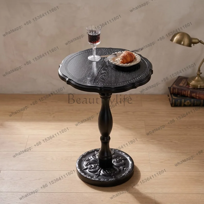 LSAmerican Retro Solid Wood Side Table Small Round Coffee Table Living Room Balcony Corner Sofa Furniture French Country Design