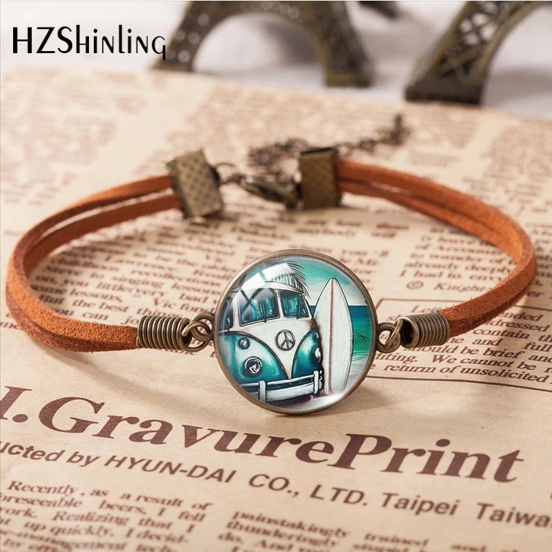 2023 New Hippie Peace Car Pattern Leather Bracelet Art Accessories Glass Cabochon Fashion Jewelry Gift