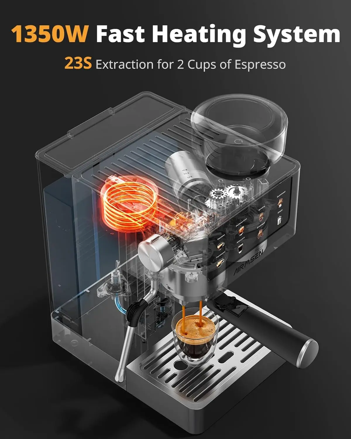 Espresso Machines with Burr Grinder, 20 Bar, Milk Frother Steam Wand, Stainless Steel Coffee Maker for Home - Cappuccino