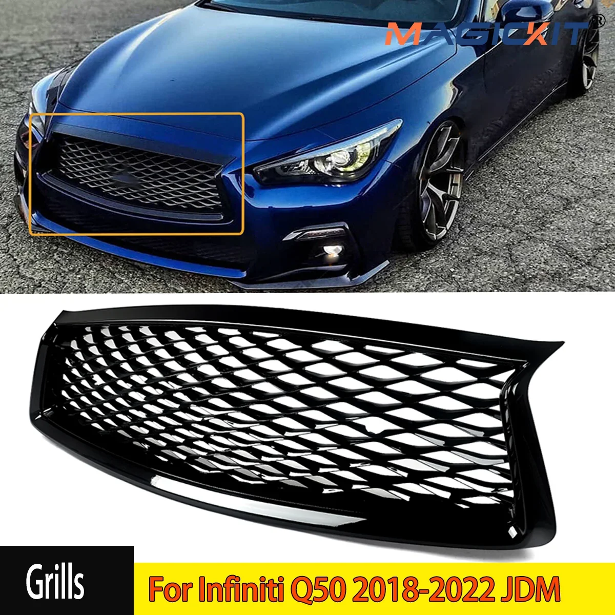 For Infiniti Q50 2018-2022 JDM Gloss Black Front Bumper Upper Grille Replacement