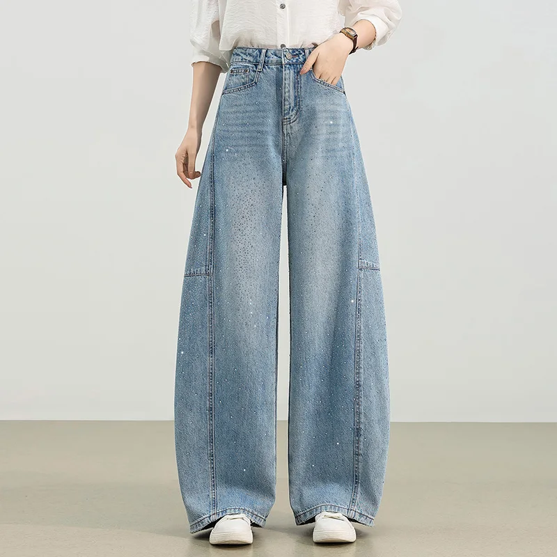 Glittery High Waist Wide Leg Jeans Women's Loose Fit Comfortable Spring New Sle Diamond Embellied Casual Straight Pants